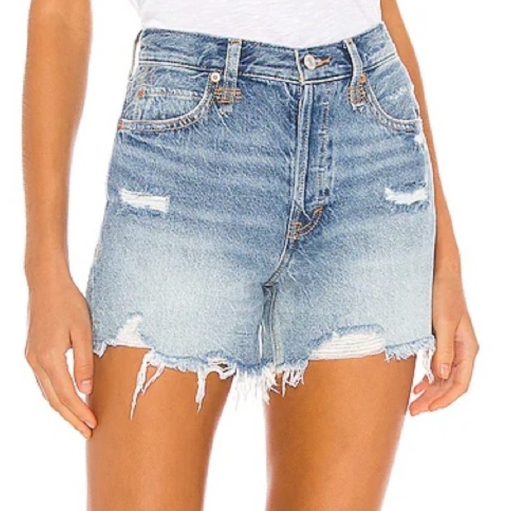 Free People High Rise Button Fly Distressed Raw Hem Denim Shorts